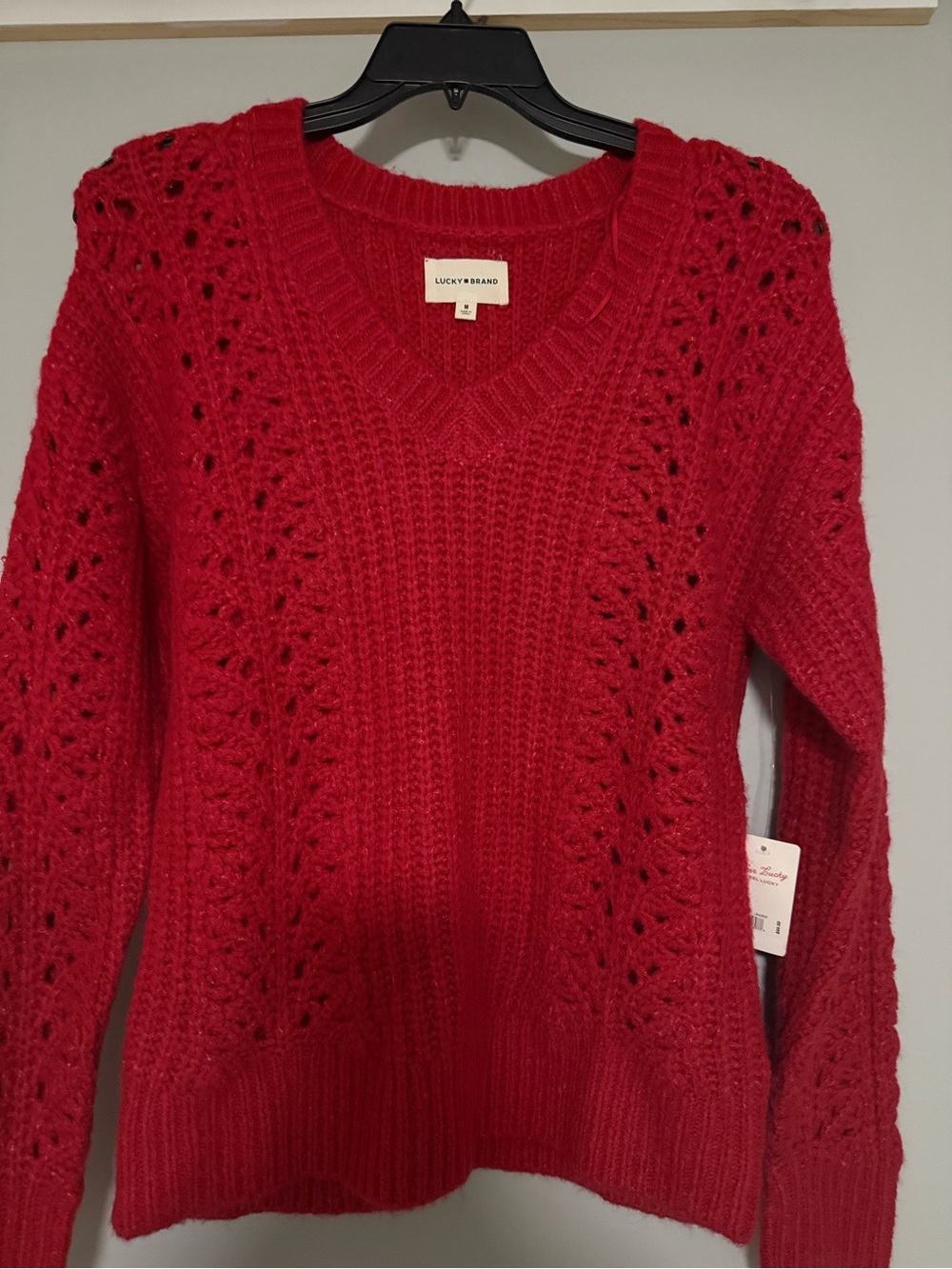 Lucky Brand Bright Red V-Neck Pointelle Sweater